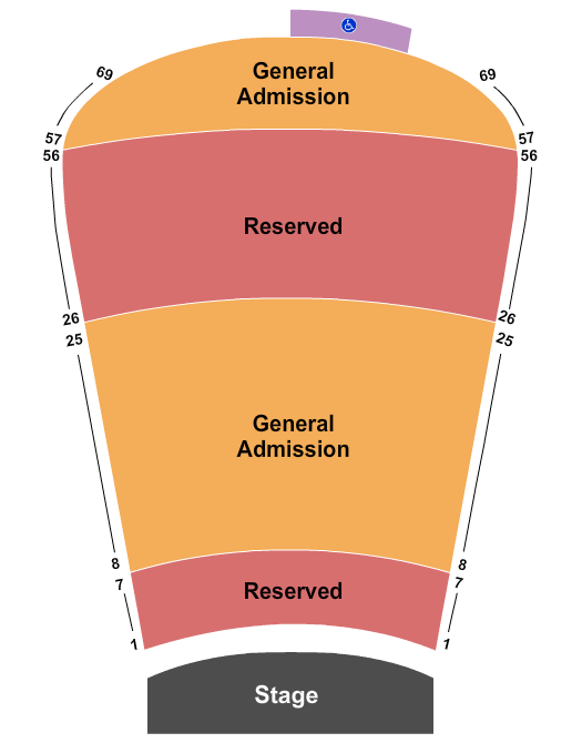 Red Rocks Amphitheatre Resv 1-7, 26-56 and GA 8-25, 57-69 Seating Chart